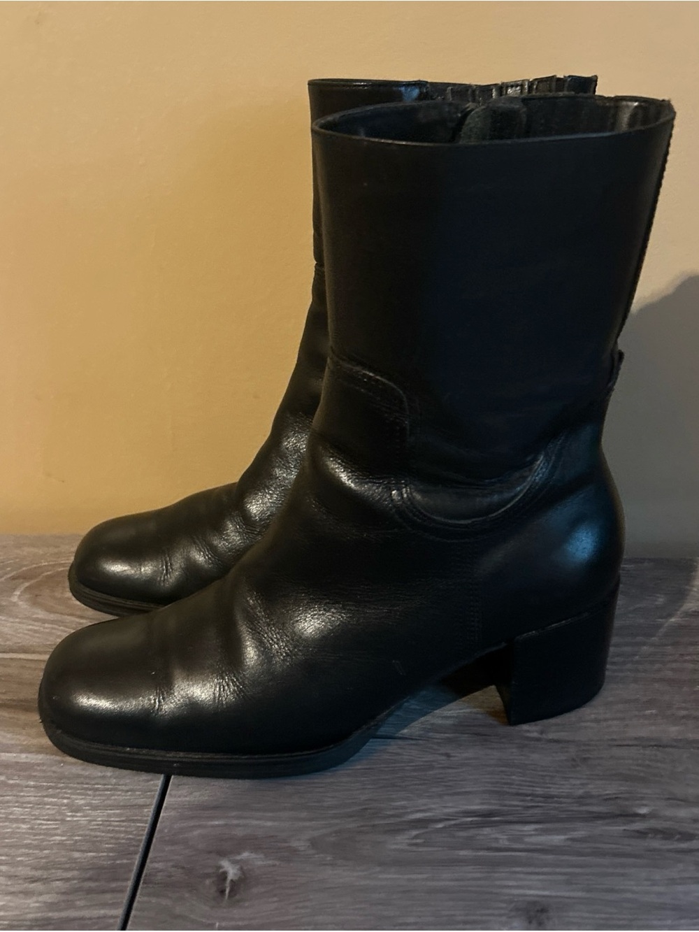 Bass Black Leather Mid-Calf Block Heel Ankle Boots